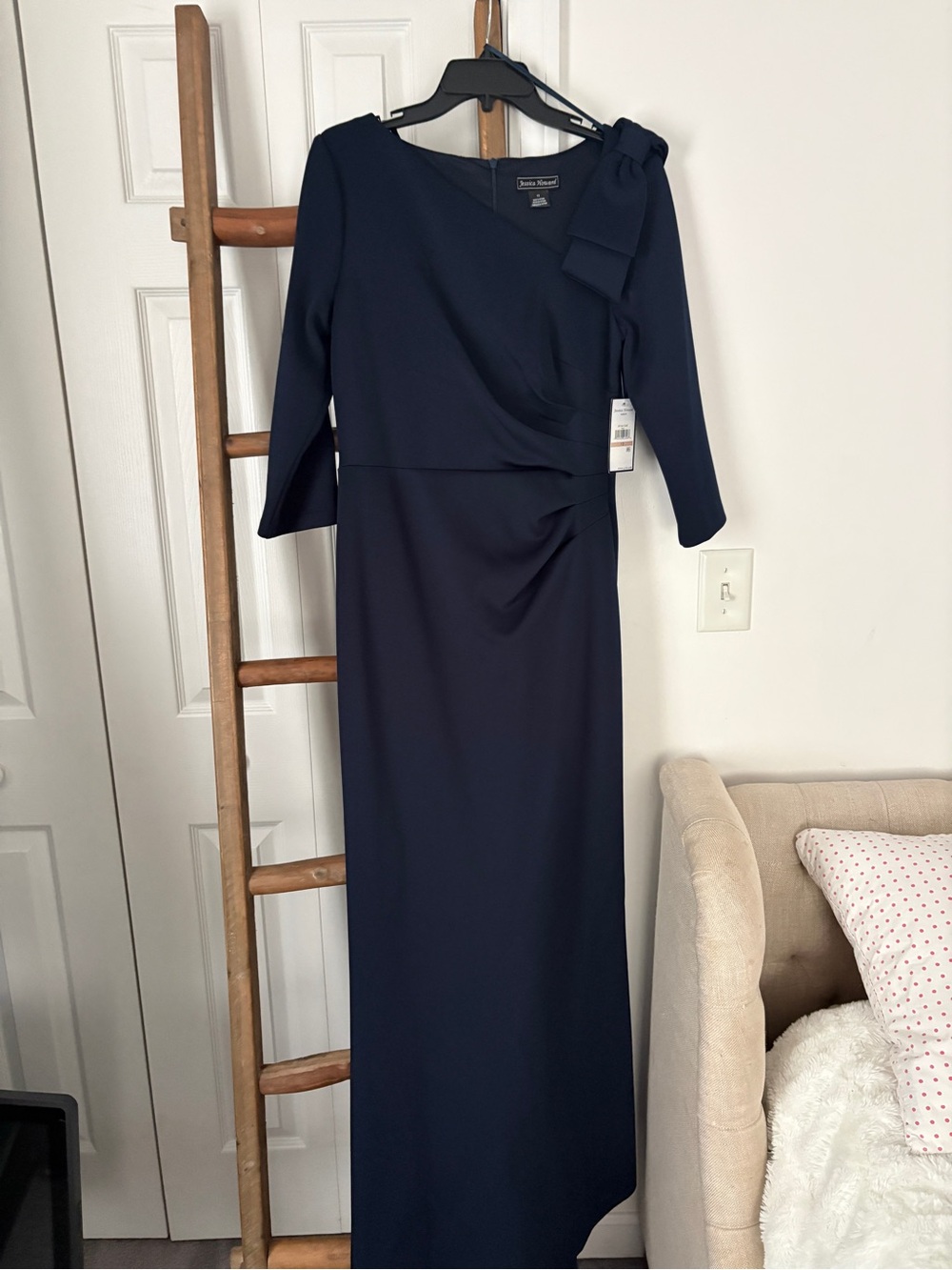 Jessica Howard Navy Long Sleeve Bow-Shoulder Gown
